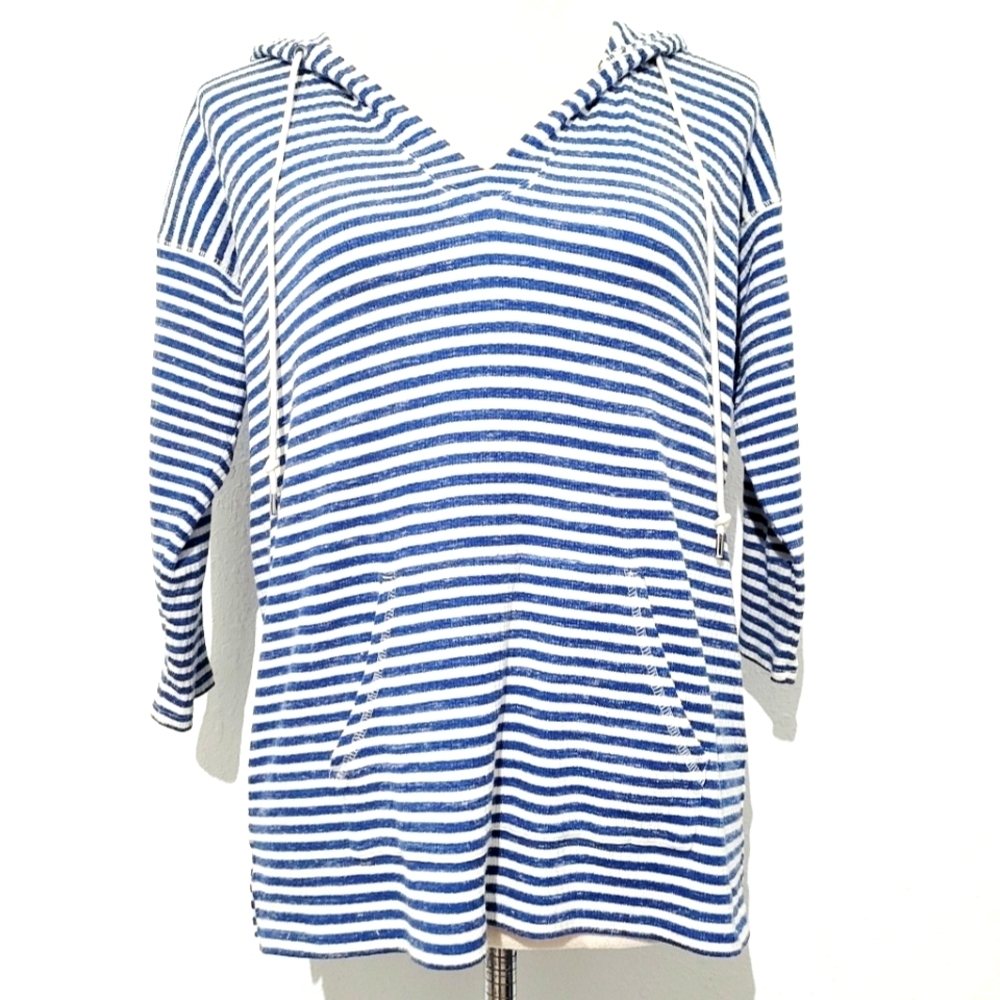 Chaps Woman's hoodie Blue striped Top V‑neck pullover Kangaroo Pocket size M - Picture 2 of 11